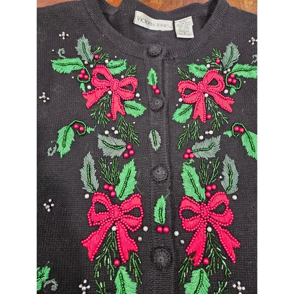Vintage Victoria Jones Christmas Sweater Cardigan Holiday Beaded Embroidered S - Picture 3 of 7